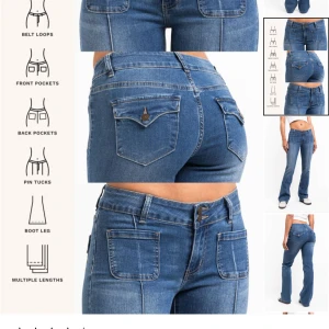 Blå bootcut jeans med fickor - Snygga blå jeans med bootcut-ben, markerade sömmar och stora framfickor. Byxorna har bälteshällor, bakfickor med lock och knapp samt låg midja. Tillverkade i klassiskt denimtyg med en cool vintagekänsla. storlek 38 tall. 