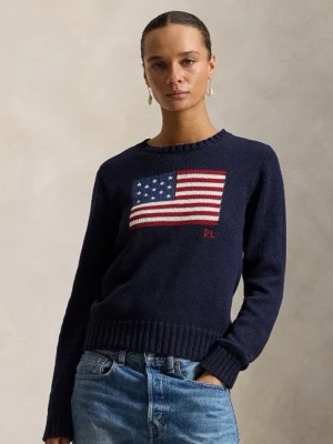 Mörkblå stickad tröja från Ralph Lauren - Säljer en mörkblå stickad tröja från Ralph Lauren med amerikansk flagga framtill och RL-broderi. Tröjan har rund hals, ribbade muddar och långa ärmar. Perfekt för dig som gillar klassisk och tidlös stil. Nypris 4895kr