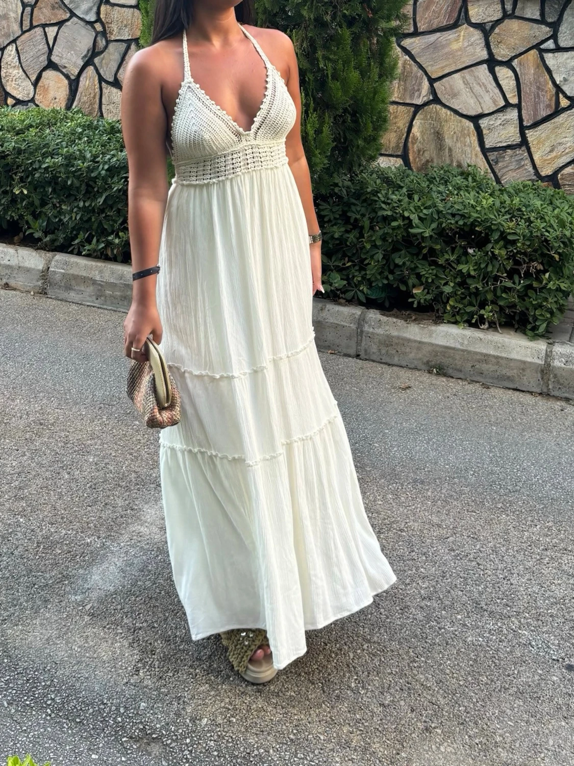 Vit långklänning med virkad topp - 1