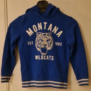 Blå hoodie med tryck - Blå hoodie med vitt tryck på framsidan. Vitrandiga muddar på ärmar och i nedre kant. Storlek 122/128 från H&M. Hund finns i hemmet. Kolla in mina andra annonser för samfrakt! 