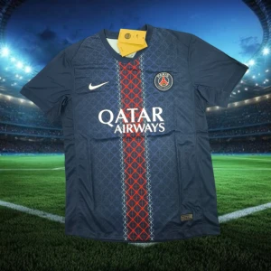 PSG matchtröja Nike blå/röd - Snygg PSG fotbollströja från Nike i mörkblått med röd och vit rand längs mitten. Tröjan har korta ärmar, klubbmärke på bröstet och Qatar Airways-tryck på framsidan. Perfekt för dig som älskar fotboll och vill visa ditt stöd för Paris Saint-Germain.