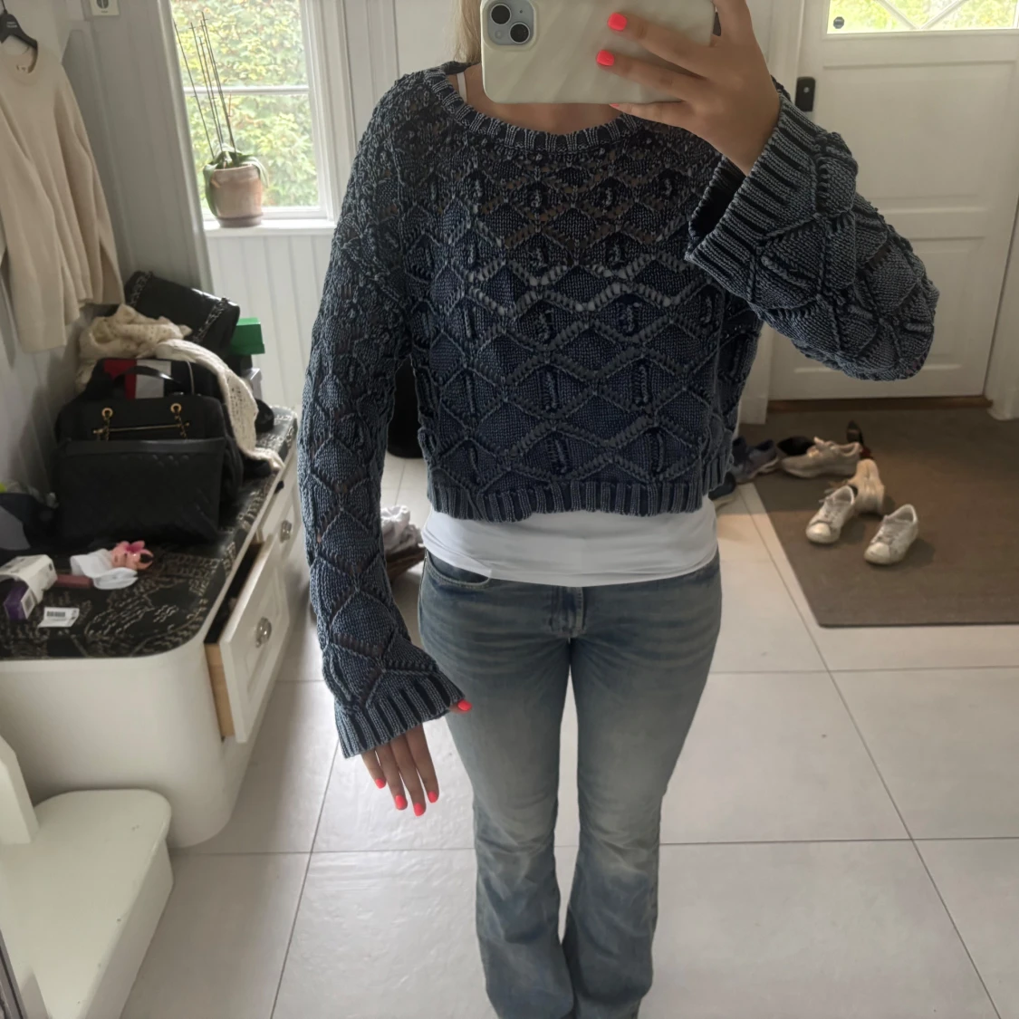 Blå croppad stickad tröja - 1