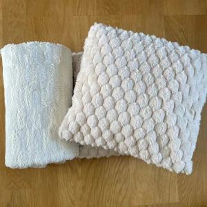Två kuddar och en filt - Två mjuka, snygga kuddar och en vit filt. 