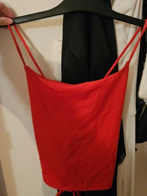 Röd linnetopp med snörning - Trendig röd linnetopp med smala axelband och snygg snörning i ryggen. Toppen är croppad och har en enkel, stilren design som passar perfekt till jeans eller kjol. Materialet känns mjukt och lätt mot huden.