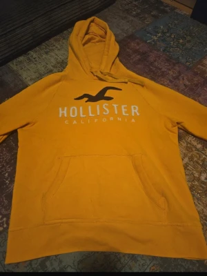 Gul hoodie från Hollister California - Gul hoodie från Hollister California med stor logga och fågeltryck på bröstet. Klassisk känguruficka framtill och huva. Perfekt för dig som gillar färg och vill sticka ut. Mjuk och skön, troligtvis i bomull eller bomullsblandning.