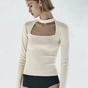 Beige långärmad topp med cut out från Zara - Trendig beige långärmad topp från Zara med fyrkantig cut out vid bröstet och hög halsringning. Toppens material är stretchigt och mjukt, vilket ger en slim passform. Dragkedja bak för enkel påklädning. Perfekt för dig som gillar stilrena detaljer. Har använt den 5-7 gånger men känns som helt ny💞