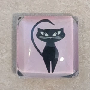 Rosa magnet med svart kattmotiv - Fyrkantig magnet med en söt svart katt på ljusrosa bakgrund. Magnet har en glansig yta och är perfekt för dig som gillar unika magneter med djurmotiv.