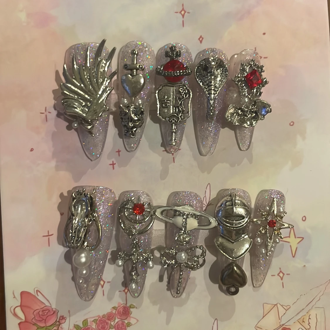 S - Glittriga press-on naglar med 3D dekorationer - 1