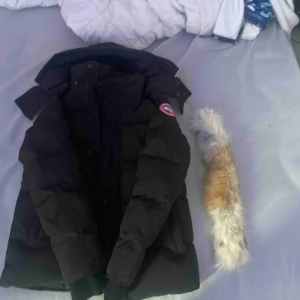 Svart dunjacka Canada Goose XS - Säljer en svart dunjacka från Canada Goose i storlek XS. Jackan har en klassisk puffer-design med avtagbar päls på huvan, dragkedja och knappar framtill samt den ikoniska loggan på ärmen. Perfekt för kalla   vinterdagar och riktigt snygg streetstil. Helt ny