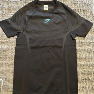 Gymshark Onyx m - Svart t-shirt från Gymshark med sportig design och diskret mönstrad struktur upptill. Har korta ärmar och en blå Gymshark-logga på bröstet. Tillverkad i lätt och ventilerande polyester, perfekt för träning och aktiva dagar.