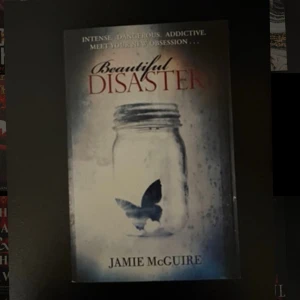 Beautiful Disaster - En bok med ett mystiskt omslag som visar en fjäril i en glasburk. Texten på framsidan lovar intensitet, fara och beroendeframkallande läsning. Perfekt för dig som gillar dramatiska och känsloladdade berättelser.