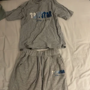 Grå shorts från Trapstar med snörning - Säljer ett par grå mjuka shorts från Trapstar med coolt tryck i vitt och blått på ena benet. Shortsen har elastisk midja med snörning och avslappnad passform, perfekta för chill dagar. Materialet känns skönt mot huden och ger en sportig vibe.