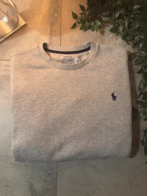 Grå sweatshirt från Polo Ralph Lauren - Säljer en stilren grå sweatshirt från Ralph Lauren med klassisk rund hals och långärmad passform. Tröjan har en liten mörkblå logga broderad på bröstet och är gjord i mjuk bomull. Perfekt för dig som gillar enkel och clean stil. Tröjan har även små dragkedjsfickor på sidorna som knappt syns. Man kan inte använda fickorna. Skriv för funderingar eller fler bilder!👍