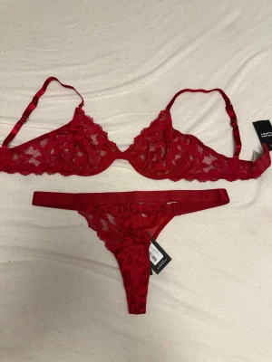 Röd spetsig bralette från Frank Dandy - Säljer en röd bralette och matchande trosa från Frank Dandy. Setet är gjort i mjuk spets med blommigt mönster och har justerbara axelband. Materialet är nylon och elastan, vilket gör det både stretchigt och bekvämt. Perfekt för dig som gillar snygga detaljer och färg.