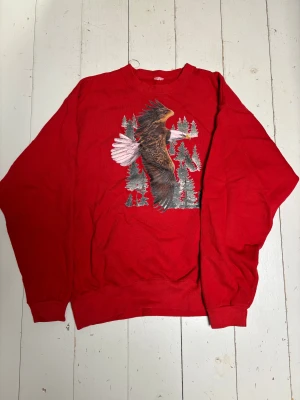 vintage röd sweatshirt - Röd sweatshirt med print på framsidan. Tröjan har en vintage vibe och passform och är rätt najs. Använder inte längre därför säljs den. Märket är okänt. Den sitter som M-L. Köpt på loppis!