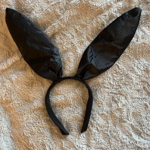 Svart diadem med kaninöron - Snyggt svart diadem med stora, spetsiga kaninöron i glansigt tyg. Perfekt accessoar för maskerad eller temafest. Öronen är stadiga och sitter fast på ett bekvämt diadem som passar de flesta huvudstorlekar.