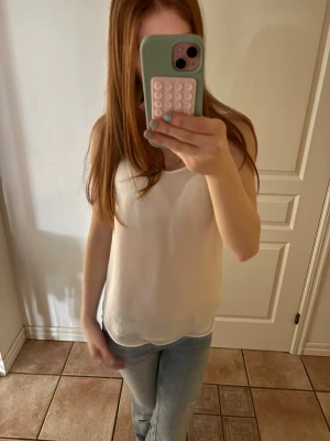 Vit linnetopp med spets - ‼️PRIS KAN DISKUTERAS‼️Säljer en superfin vit linnetopp i tunn och luftig polyester med spetsdetaljer längs ryggen. Toppen är ärmlös och har en lätt rundad nederkant. Perfekt till sommaren.