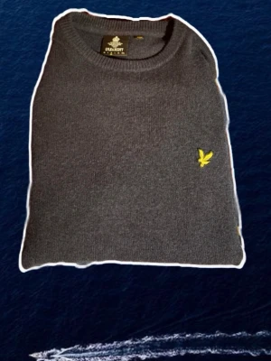 Mörkgrå stickad tröja Lyle & Scott - Mörkgrå stickad tröja från Lyle & Scott med klassisk rund hals och gul broderad logga på bröstet. Tröjan är i mjuk ullblandning och har en enkel, clean look som funkar till allt. Perfekt för kyliga dagar och snygg att styla lager på lager.