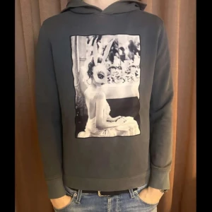 Limitato hoodie - Snygg mörkgrå hoodie med huva och ett stort svartvitt konstnärligt tryck framtill som föreställer en kvinna med kaninmask. Tröjan har lång ärm och en klassisk passform. Perfekt för dig som gillar unika och kreativa plagg.