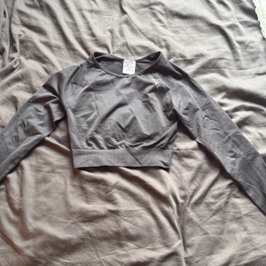 Grå croppad långärmad topp ICIW - Säljer en grå croppad långärmad topp från ICIW, perfekt för gymmet eller andra sportiga aktiviteter. Toppen har en slim passform, ribbad kant nedtill och är tillverkad i ett stretchigt syntetmaterial som andas. Snygg logga på axeln och baksidan.