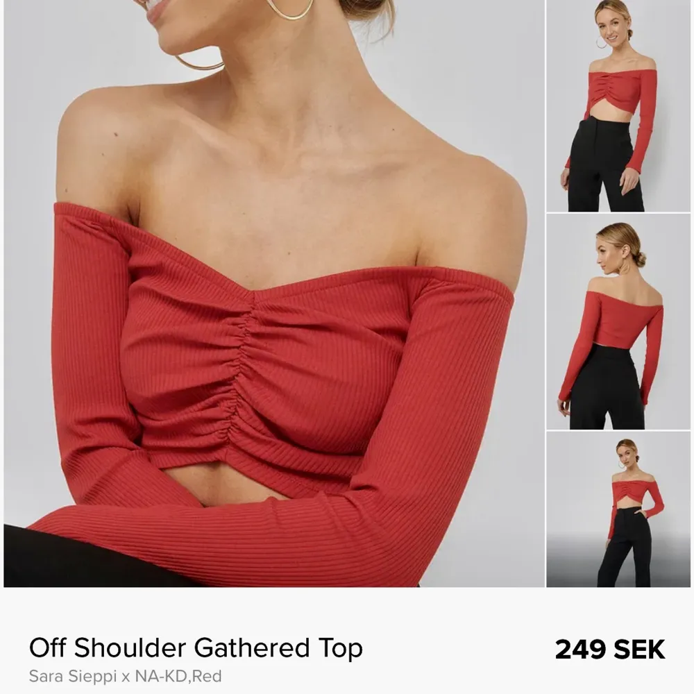 Långärmad röd crop top med dragsko-detalj i fram🌹 Använd en gång. Toppar.