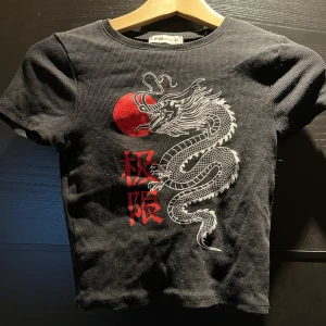 Svart topp med motiv - Supersöt svart liten cropped topp med drakemotiv! Använd ett par gånger men för länge sedan, så bra skick! 