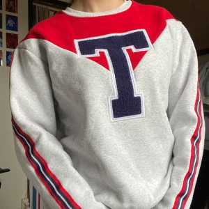 Sweatshirt - Grå sweatshirt med röda, vita och mörkblåa detaljer. Storlek S/36/38. Oversized.