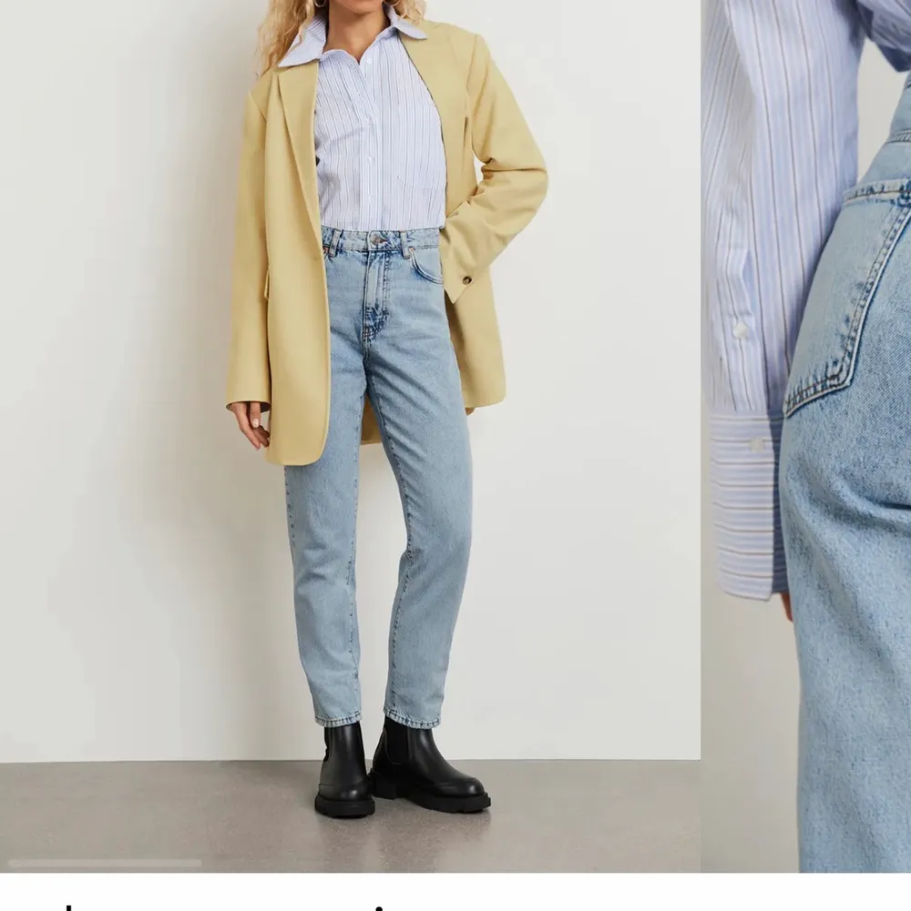 Ett par Dagny mom jeans i lila/pastell lila. Passar inte mig så därav en lånad bild från Gina tricots hemsida på samma model fast i ljusblå färg. Byxorna är endast använd en gång tidigare och köptes för 499kr. Köparen står för frakten.. Jeans & Byxor.