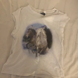 Vit ärmlös topp med hästmotiv H&M - Vit ärmlös topp från H&M Divided i storlek XS. Framsidan har ett stort tryck med två galopperande hästar i naturmotiv. T-shirten har rund halsringning och är tillverkad i mjuk bomull, perfekt för dig som älskar hästar och vill ha en chill look.