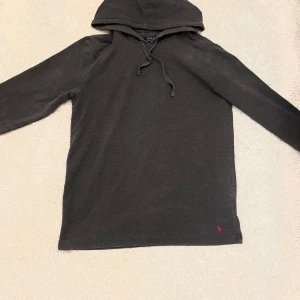 Grå hoodie från Polo Ralph Lauren - Säljer en grå hoodie från Polo Ralph Lauren i storlek L. Tröjan har korta ärmar, huva med snörning och en liten röd logga broderad längst ner. Perfekt för en chill och avslappnad stil.