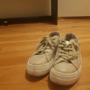 Beige sneakers med silverdetaljer - Snygga beige sneakers med snörning och dragkedja på sidan. Skorna har en cool silverdetalj vid hälen som ger en extra touch. Perfekta för en avslappnad stil. Har användits bara en gång!💞😊