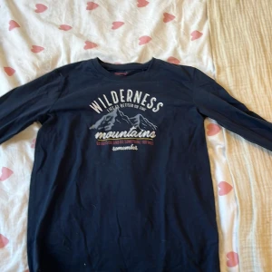 Svart långärmad tröja från Pepperts! - Säljer en svart långärmad tröja från lidl med tryck på framsidan som säger 'Wilderness' och 'mountains'. Perfekt för den som gillar äventyr och natur. Tröjan är bekväm och passar bra till vardags.