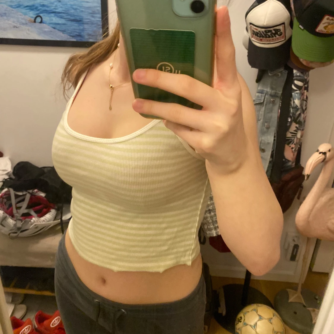 Ljusgul och vit randig croppad linnetopp - 1