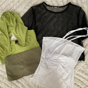 Paketpris toppar - 4 toppar sälja för paketpris. Den första toppen är ifrån H&M i storlek S. Den andra toppen är ifrån Shein, storlek XS, endast använd 1 gång. Den tredje toppen är ifrån Zara, storlek XS/S. Den sista toppen vet jag inte märket på, aldrig använd, storlek XS.