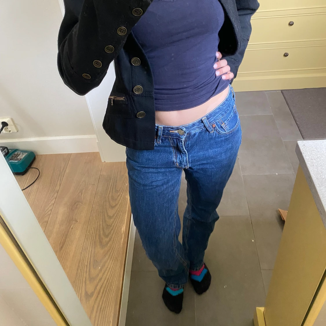 Blå low waist straight jeans