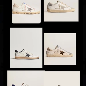 Golden Goose Skor (har fler) - Säljer flera par Golden Goose sneakers i olika färgkombinationer, alla med den ikoniska stjärnan på sidan. Skorna har glittriga detaljer, slitna sulor och finns i både vita, svarta och beige toner. Perfekta för dig som gillar en unik och trendig look. Säljer för väldigt bra pris, helt nya. Box och allt kommer. Finns i alla storlekar. Skriv ifall intresserad! 