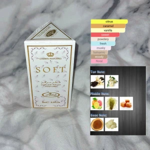 Soft parfymolja från Al-Rehab  - Helt oöppnad. Soft från Crown Perfumes/Al-Rehab är en koncentrerad parfymolja i en vit och guldig förpackning. Doften har inslag av citrus, vanilj, karamell, blommor och trä, med noter av sötma och pudrig fräschör. Perfekt för dig som gillar mjuka och söta dofter med en hint av frukt och blommor.
