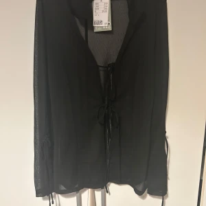 Svart transparent blus från H&M - Svart transparent blus från H&M med långa ärmar och snygga knytningar framtill och vid ärmsluten. Tunn och luftig med krage, perfekt för att skapa en cool lager-på-lager-look. Enkel att styla med både jeans och kjol.