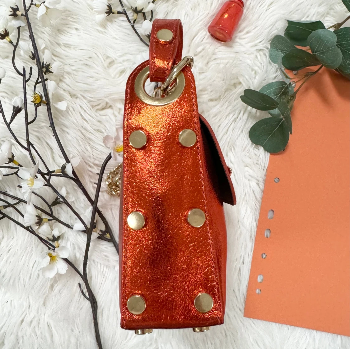 Metallic orange axelväska med guldkedja skinn Italiensk Bee bag Collection - 3