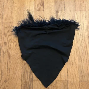 Svart bandeau tubtopp med fjädrar - Säljer en svart bandeau tubtopp med snygg fjäderkant upptill. Toppen har en spetsig form nedtill och är perfekt för dig som vill sticka ut med en cool och trendig look. Passar till både jeans och kjol för en riktigt statement outfit.