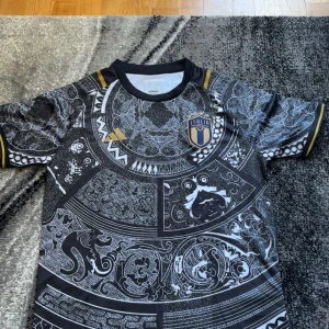 Italien  fotbollströja  - Säljer en svart kortärmad fotbollströja från Adidas med Italiens landslagsmärke på bröstet. Tröjan har ett detaljerat vitt mönster över hela framsidan och guldiga detaljer vid krage och ärmslut.