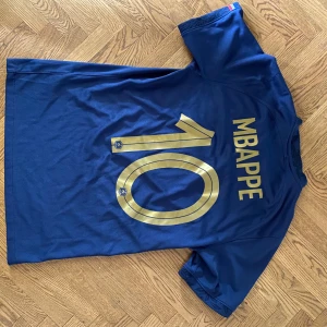 Frankrike Mbappé Nike matchtröja blå - Snygg blå fotbollströja från Nike med Frankrikes landslagsmärke och guldiga detaljer. Mbappé och nummer 10 på ryggen i guld. Priset kan diskuteras!