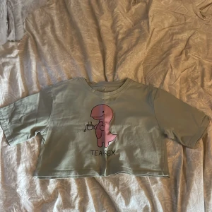 Grön croppad t-shirt med dinosauriemotiv - Säljer en grön croppad t-shirt med ett gulligt dinosauriemotiv och texten 'TEA REX'. Perfekt för en avslappnad stil. T-shirten har korta ärmar och är gjord i ett mjukt material.