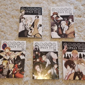 Bungo Stray Dogs Manga Volym 1, 2, 4, 5, & 6 - Säljer en samling av Bungo Stray Dogs manga. På sista sidan i vol. 1, 4, 5, & 6 står mitt namn skrivet i bläck, framsidan av vol. 1 & 6 har lite böjda kanter. 400kr för alla 5, eller 80kr per bok, messa om du har frågor eller vill köpa en/några av av dem!!