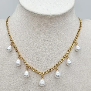 Halsband  -  Rostfrit stål, glaspärlor. Längd-40cm,kedjetjocklek-4cm
