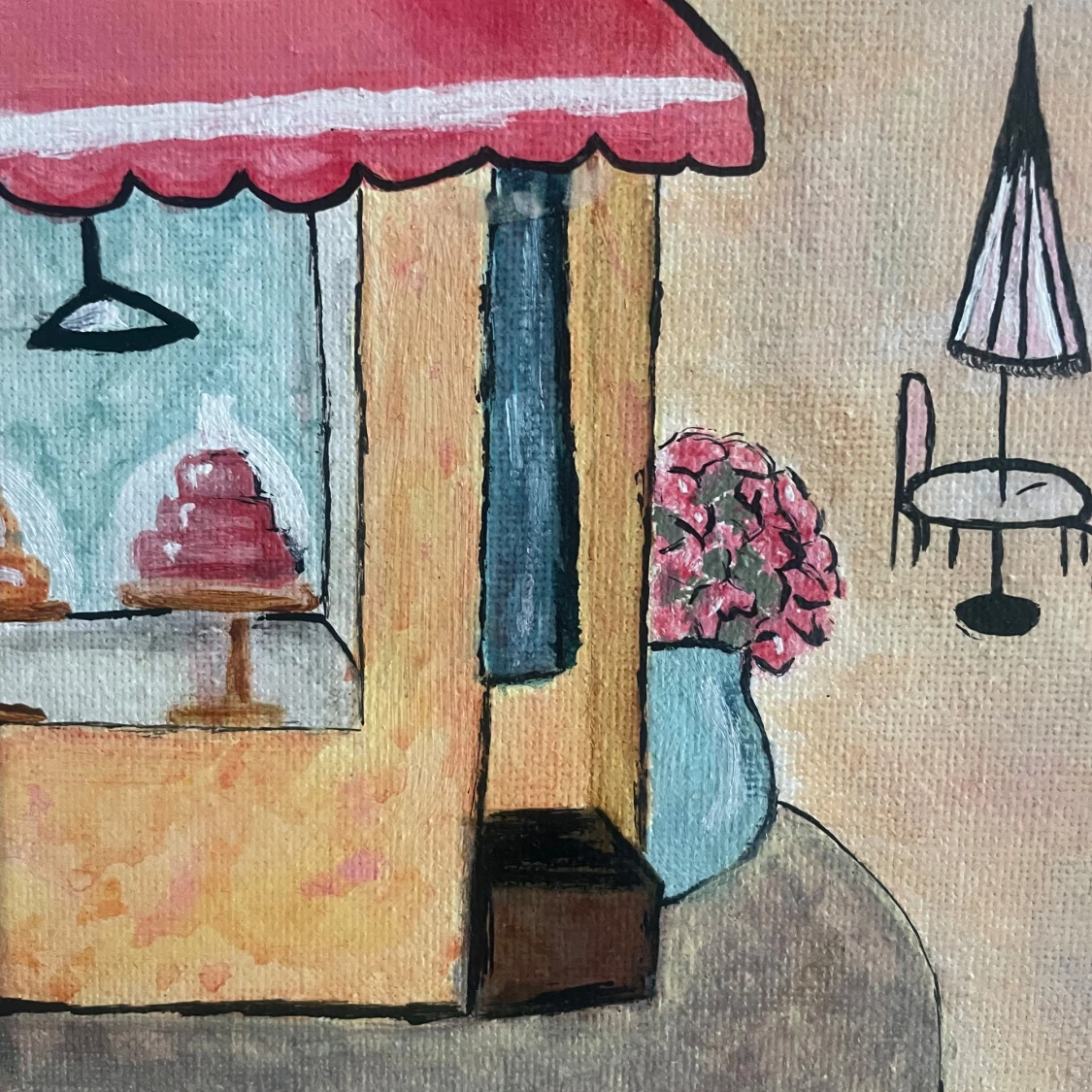 Målning av stadstorg med café och pastellfärgade byggnader - 3