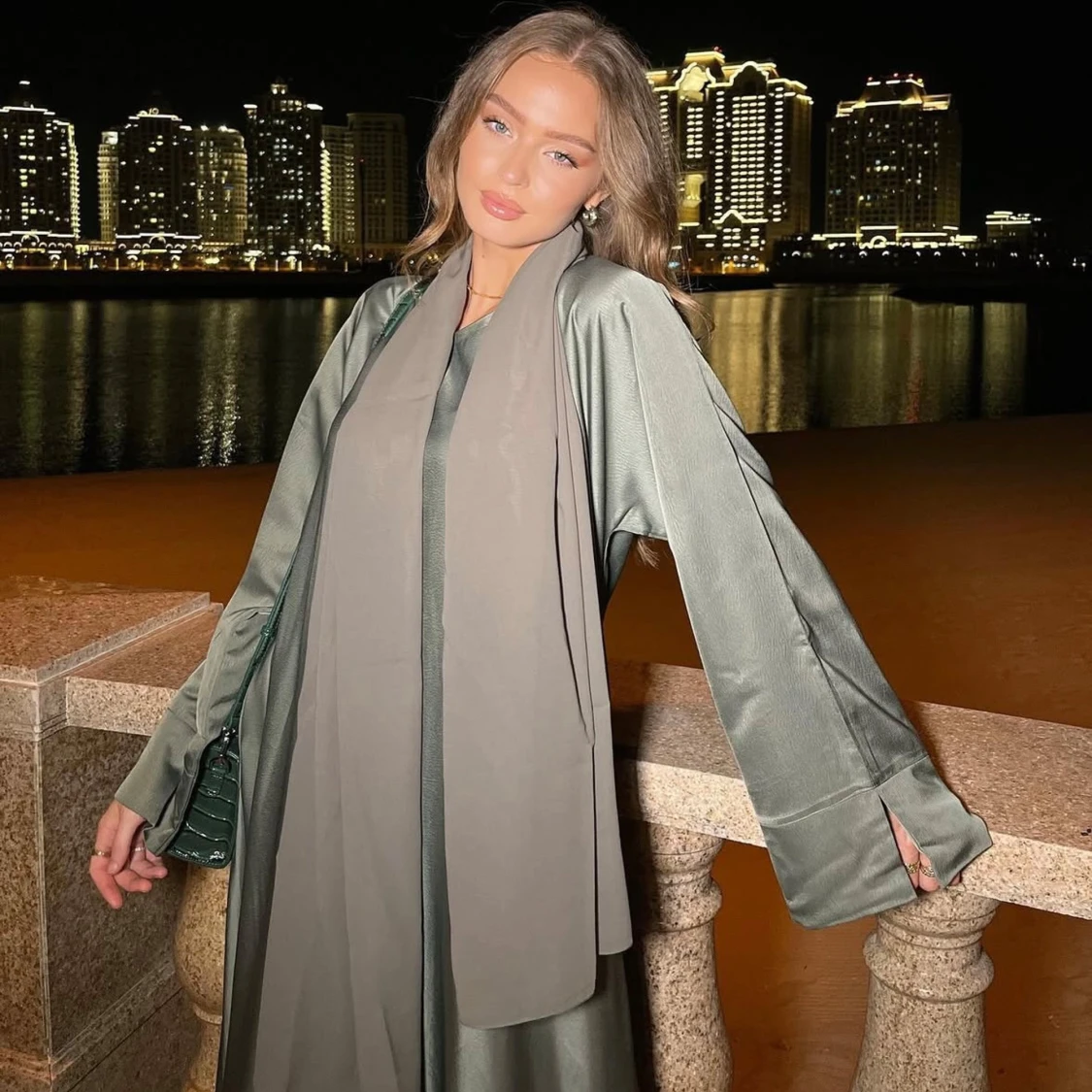 Thick silk green abaya | 3 delat set - 1