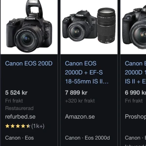 Eos 2000D canon  - Mycket fin kamera köpt för 5549kr på power. Fåtals gånger använd och då jag använt den har jag alltid blivit nöjd med kvaliteten på bilderna se bild 3/4