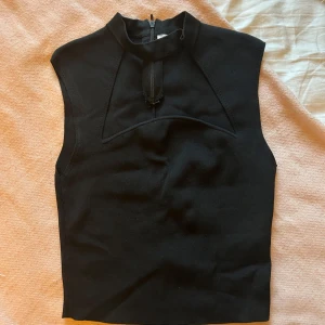 Fest topp! - Svart fest topp från Zara i storlek s!🥰 Den har som en inbyggd choker, är i ribbat material och är croppad, bak finns en dragkedja! Köpt på Vinted aldrig använd utav mig! Har tecken på användning, pris kan diskuteras💕