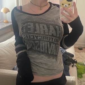 Harley-Davidson långärmad tröja💖 - Säljer en svart och grå långärmad tröja från Harley-Davidson med coolt tryck både fram och bak. Tröjan har tunna ränder, raglanärmar och en avslappnad passform. Materialet är jätte mysigt och samtidigt har en chic och cool vibe